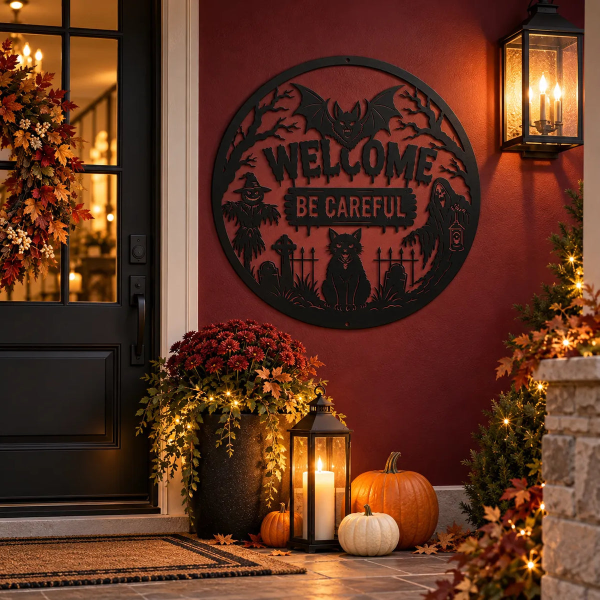 Halloween spooky welcome round metal sign – Black on a red wall by a front door