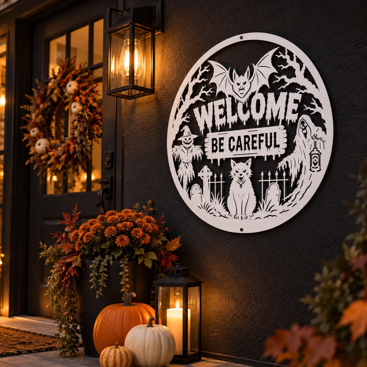 Halloween spooky welcome round metal sign – White on a dark wall by a front door