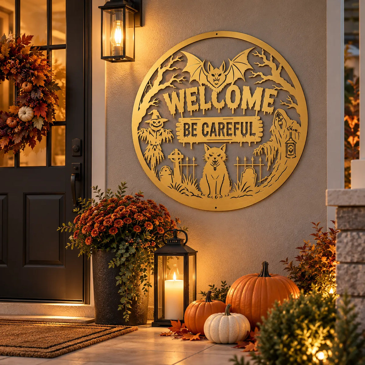 Halloween spooky welcome round metal sign – Gold at a front door with pumpkins and lantern
