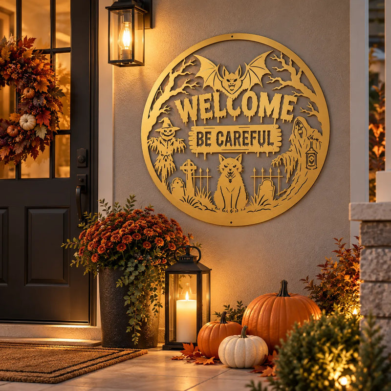 Halloween spooky welcome round metal sign – Gold at a front door with pumpkins and lantern
