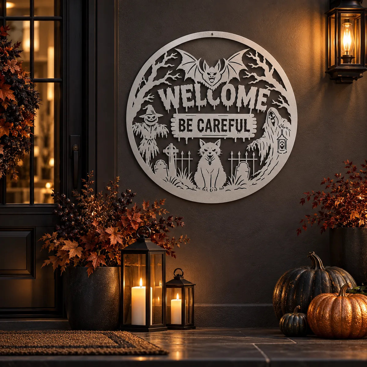 Halloween spooky welcome round metal sign – Silver on a dark wall with lanterns and pumpkins