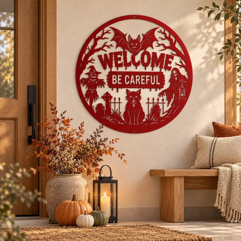 Halloween spooky welcome round metal sign – Red on a cream wall by a bench