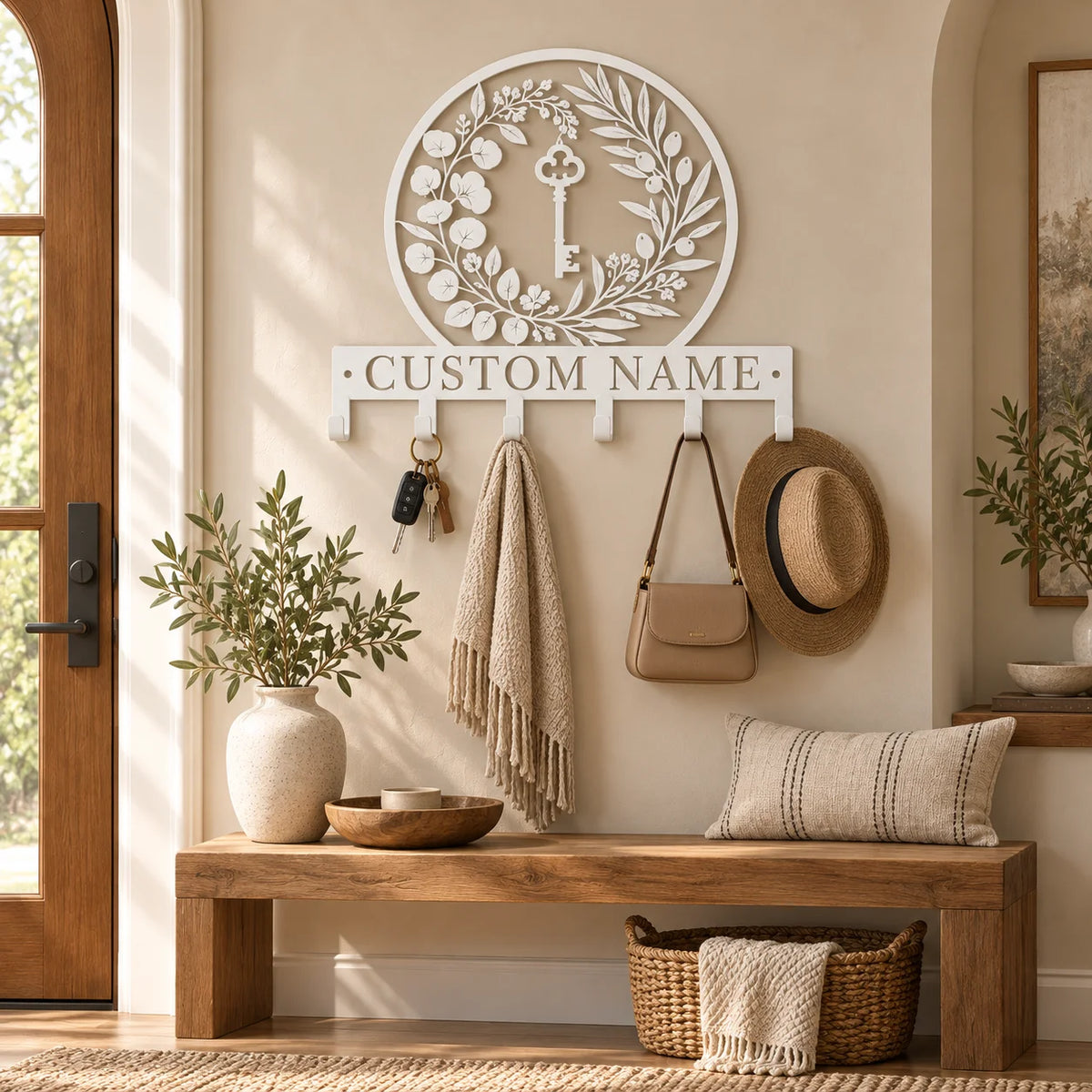 Personalized coat rack with custom name – White in a bright entryway with a bench