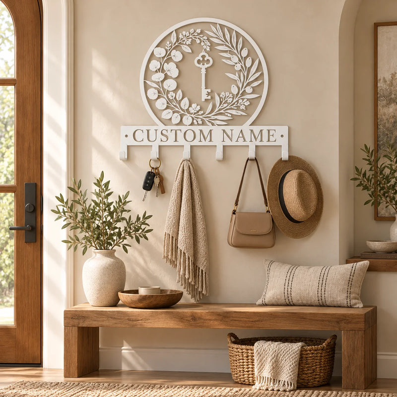 Personalized coat rack with custom name – White in a bright entryway with a bench