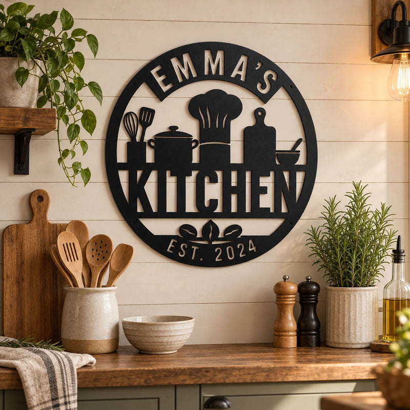 Personalized round kitchen metal sign – Black on a shiplap kitchen wall