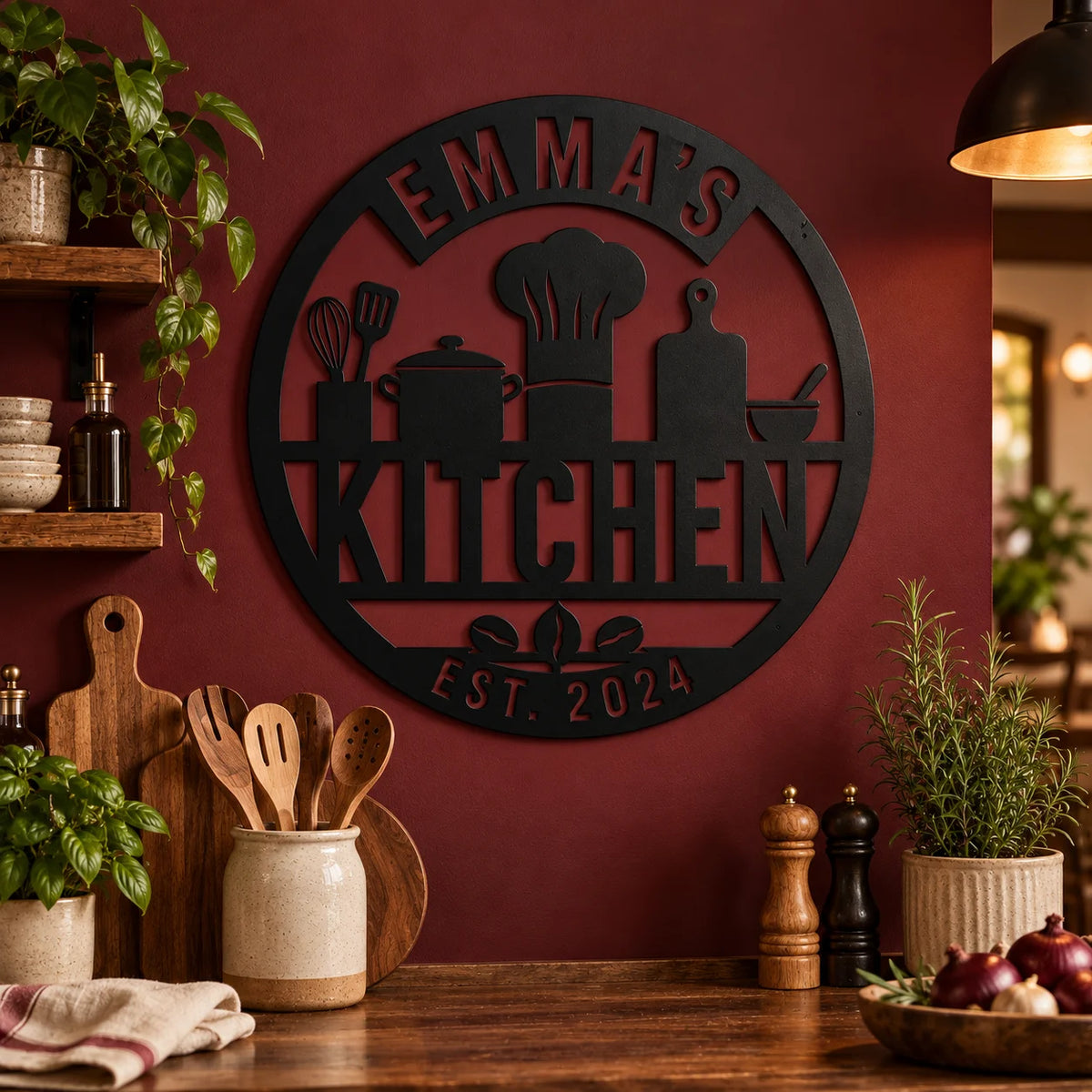 Personalized round kitchen metal sign – Black on a deep red kitchen wall