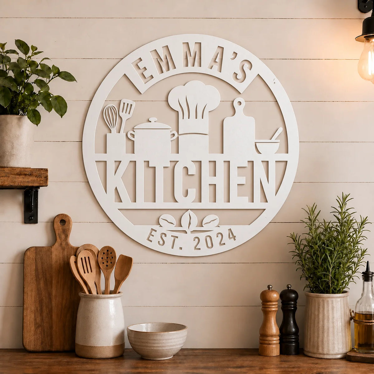 Personalized round kitchen metal sign – White on a shiplap kitchen wall