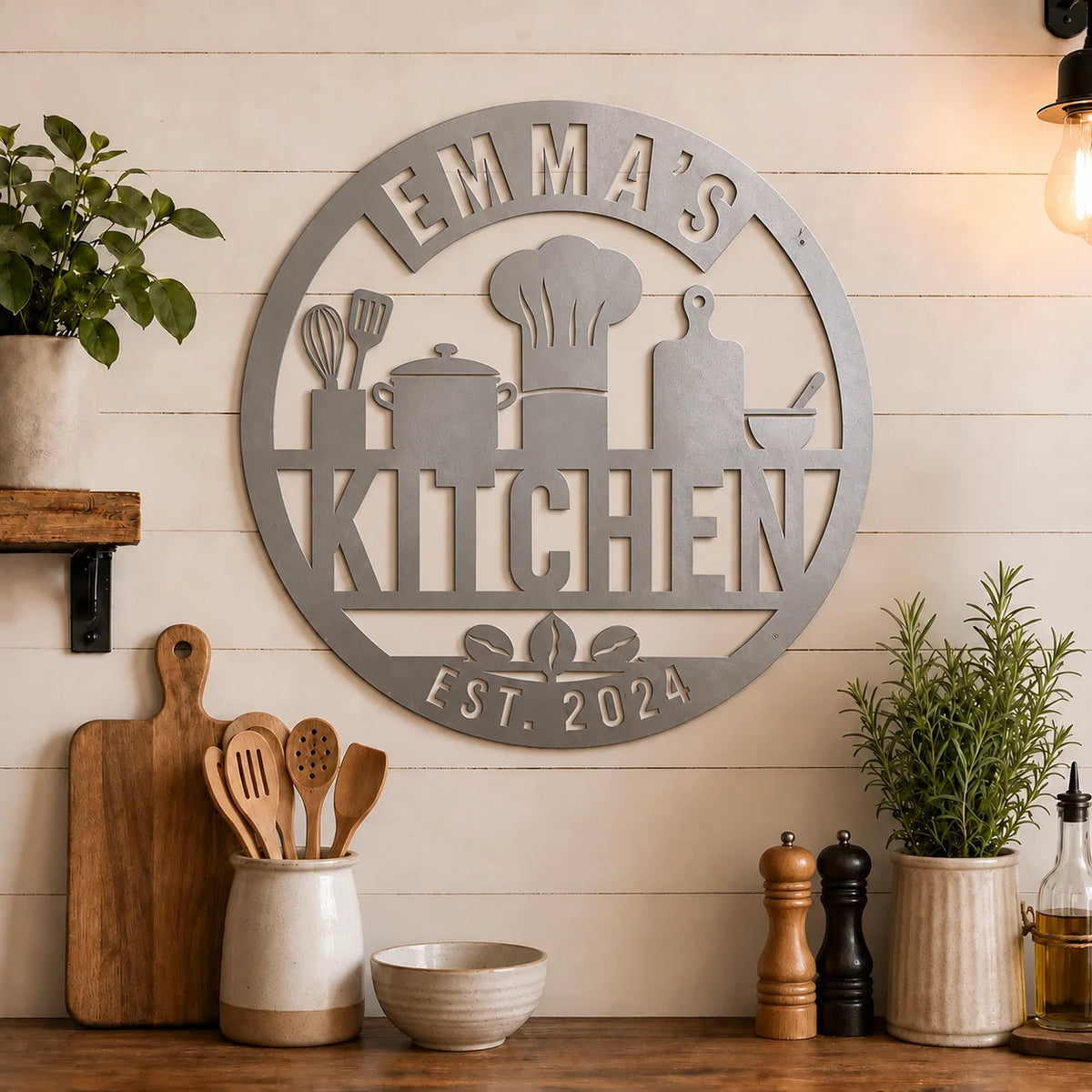 Personalized round kitchen metal sign – Silver on a shiplap kitchen wall