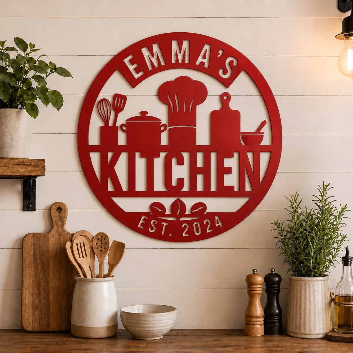 Personalized round kitchen metal sign – Red on a shiplap kitchen wall