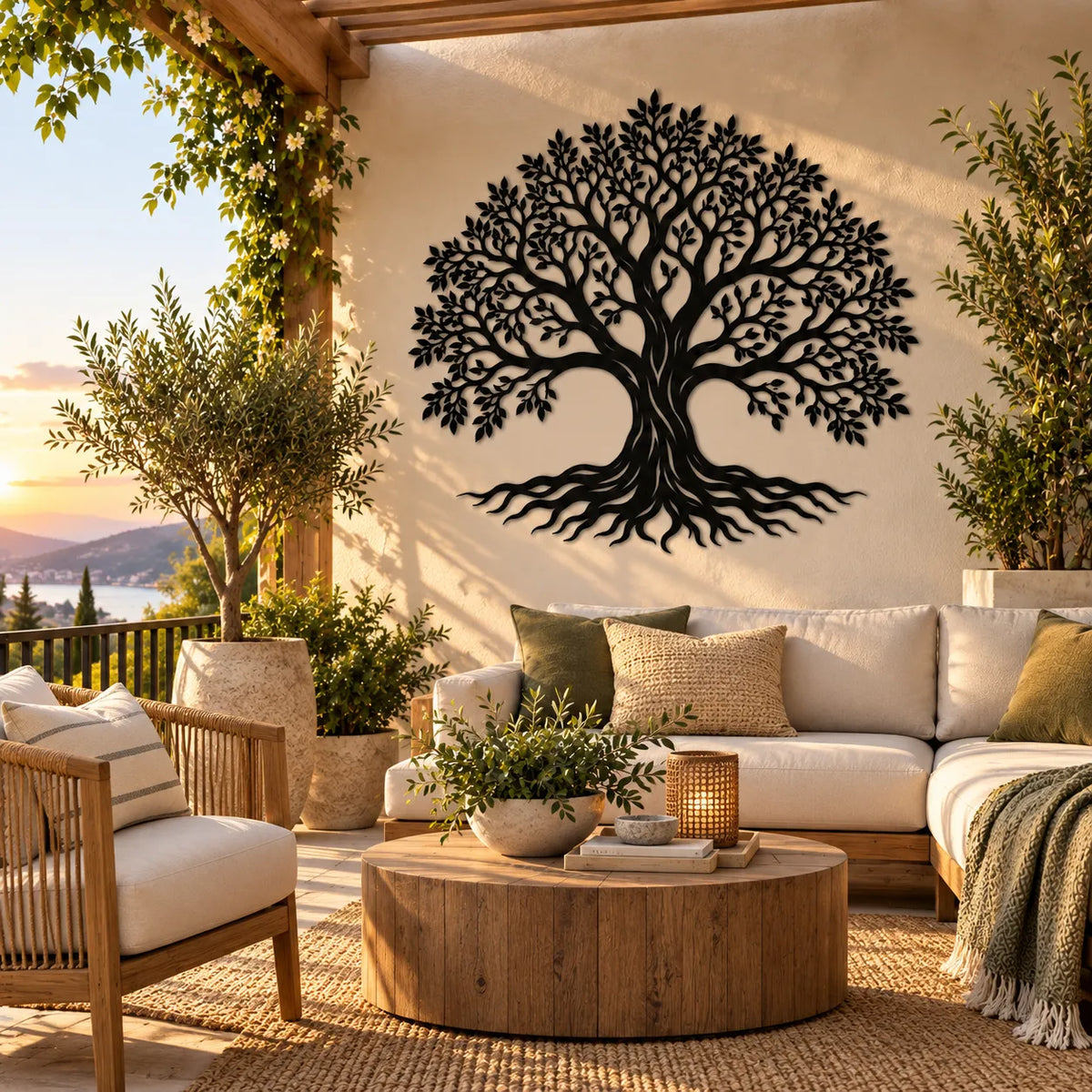 Tree of life metal wall art – Black on a terrace wall at sunset