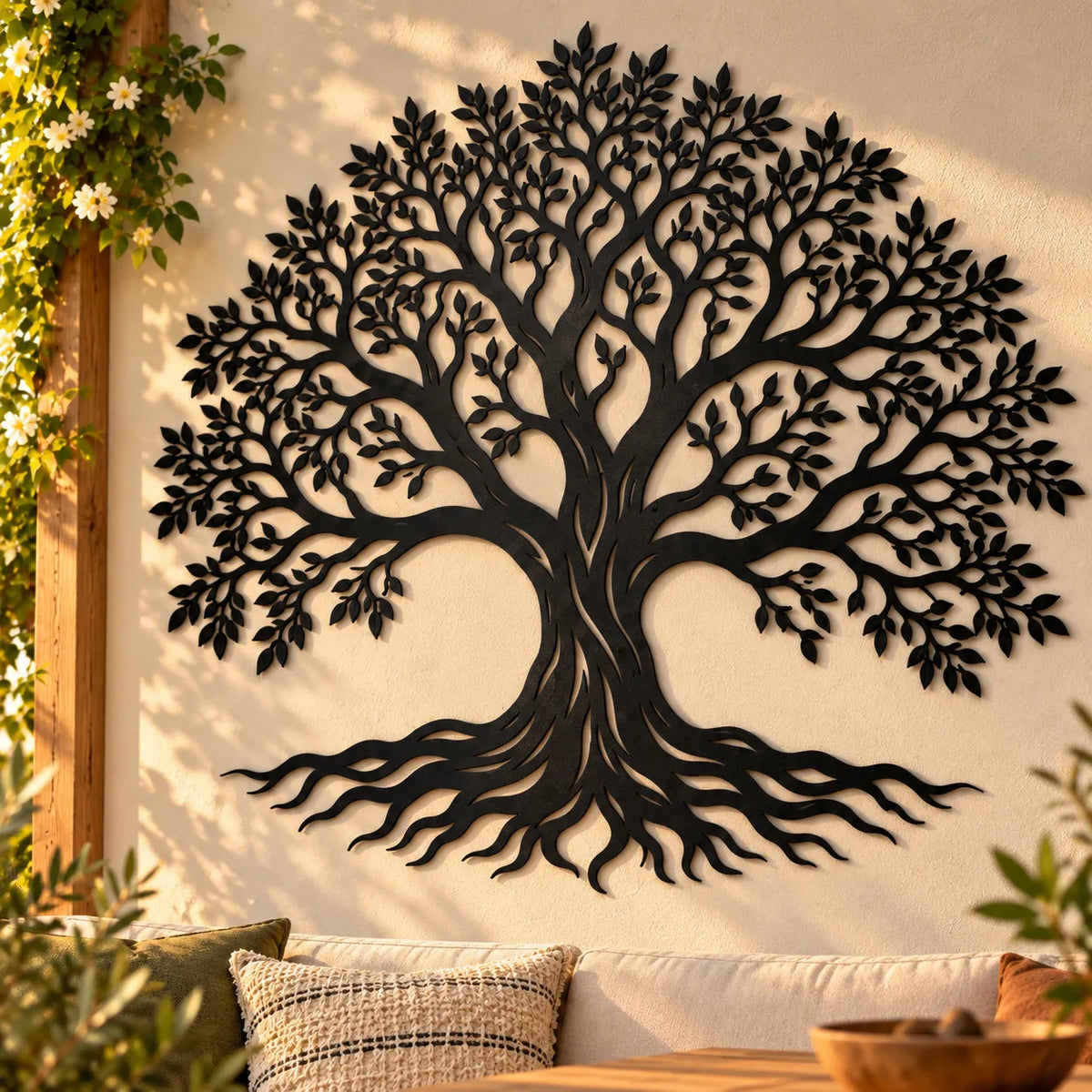 Tree of life metal wall art – Black close-up on a sunlit terrace wall