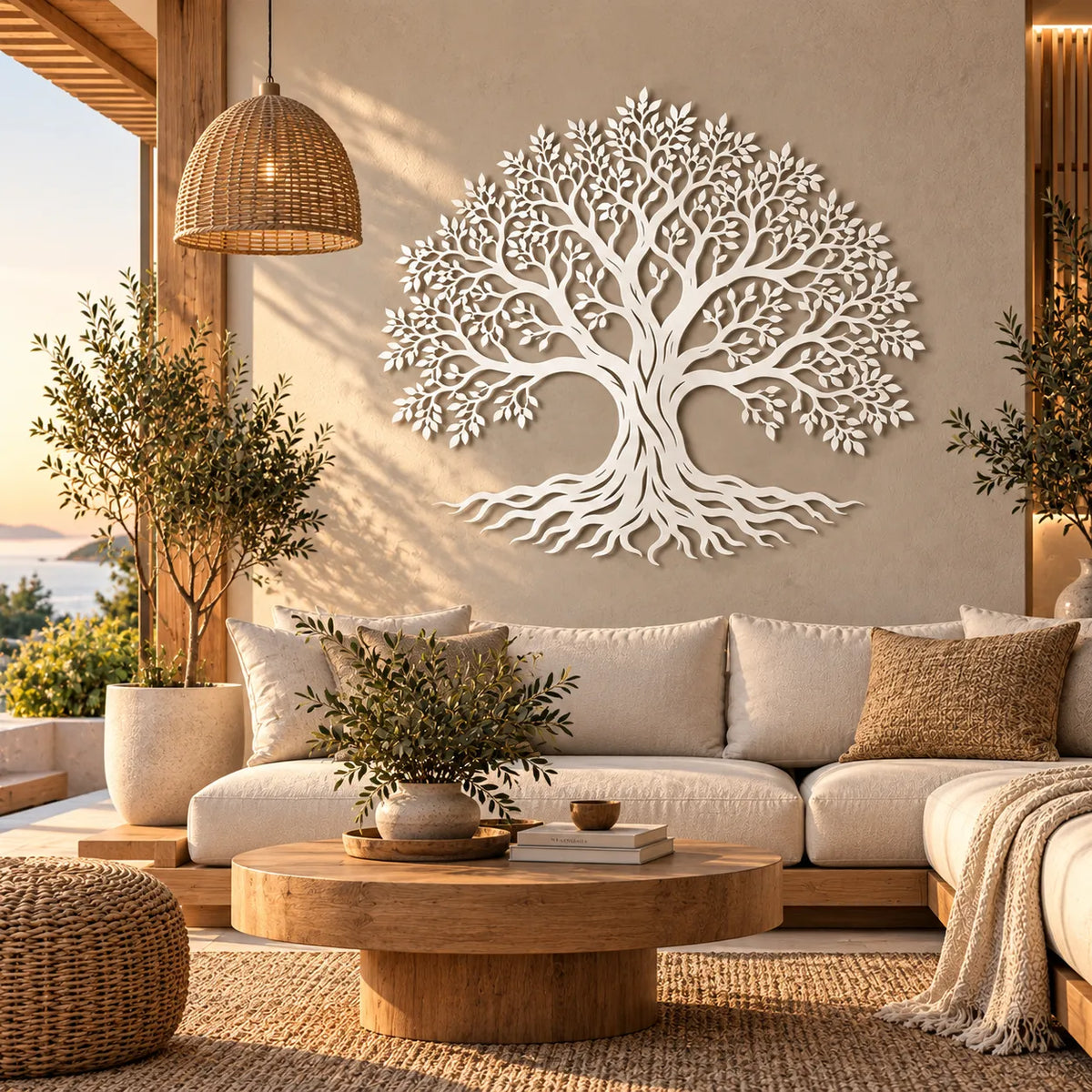 Tree of life metal wall art – White on a terrace wall with sea views