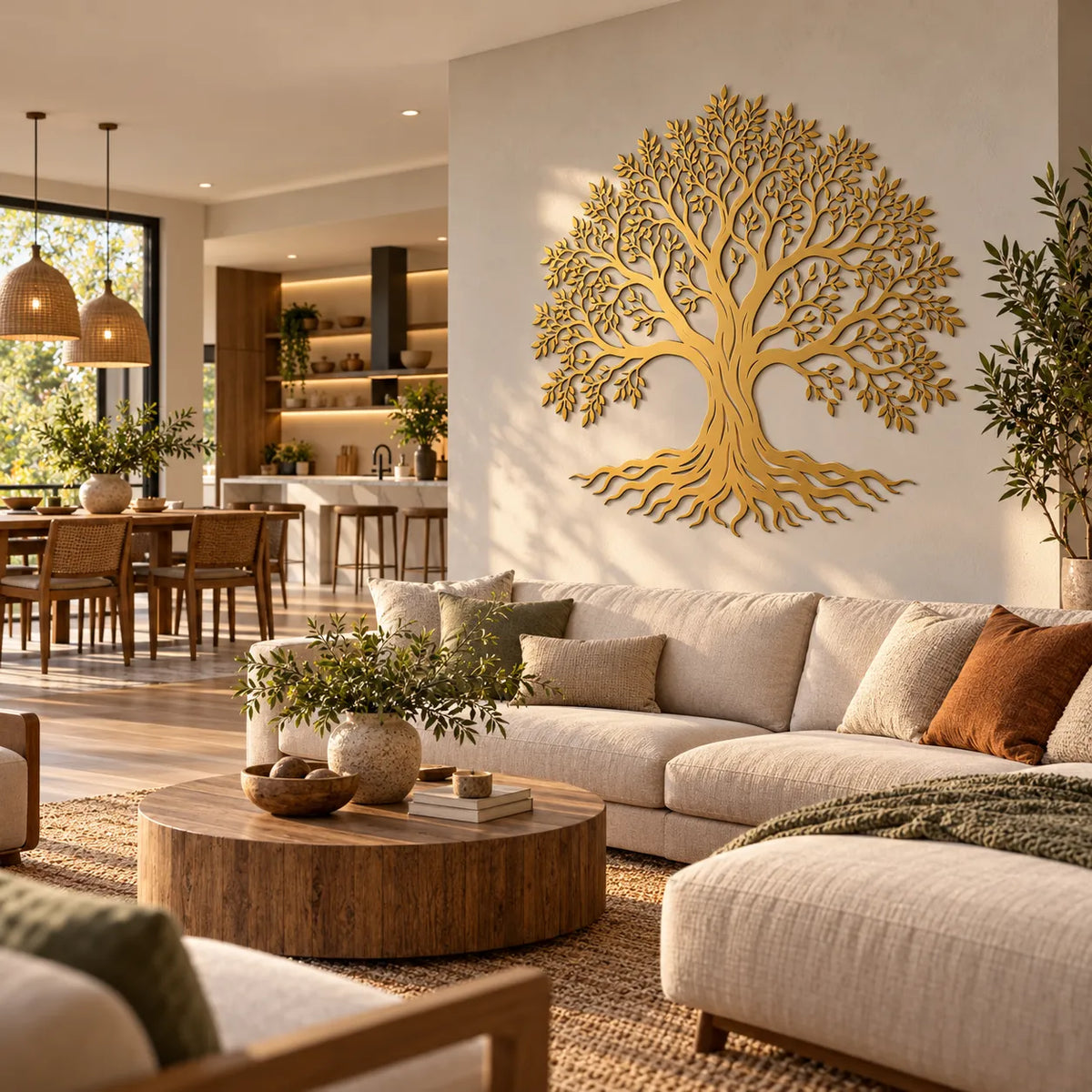 Tree of life metal wall art – Gold in a modern open-plan living room