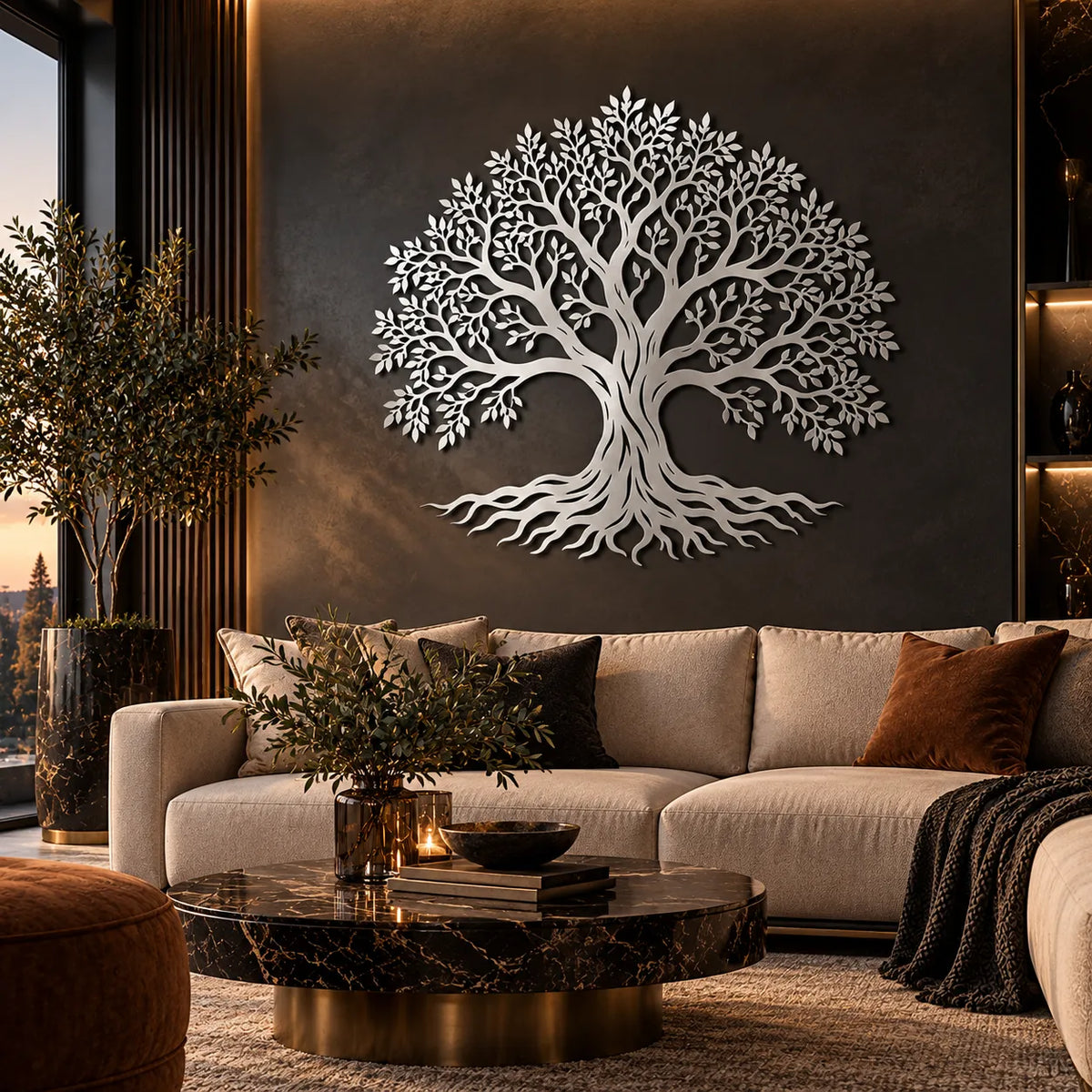 Tree of life metal wall art – Silver on a dark wall in a luxury lounge