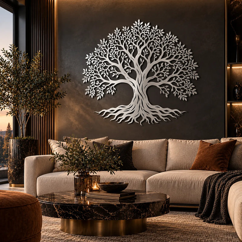 Tree of life metal wall art – Silver on a dark wall in a luxury lounge
