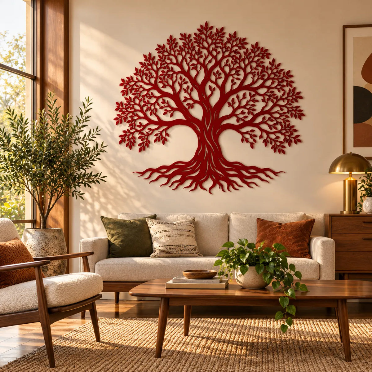 Tree of life metal wall art – Red in a warm living room