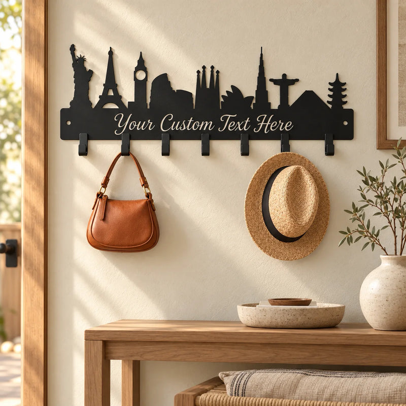 Custom skyline metal coat rack – Black with a hat and bag on a cream wall