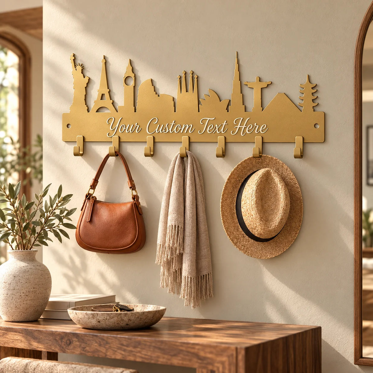 Custom skyline metal coat rack – Gold in an entryway with a hat, bag and scarf