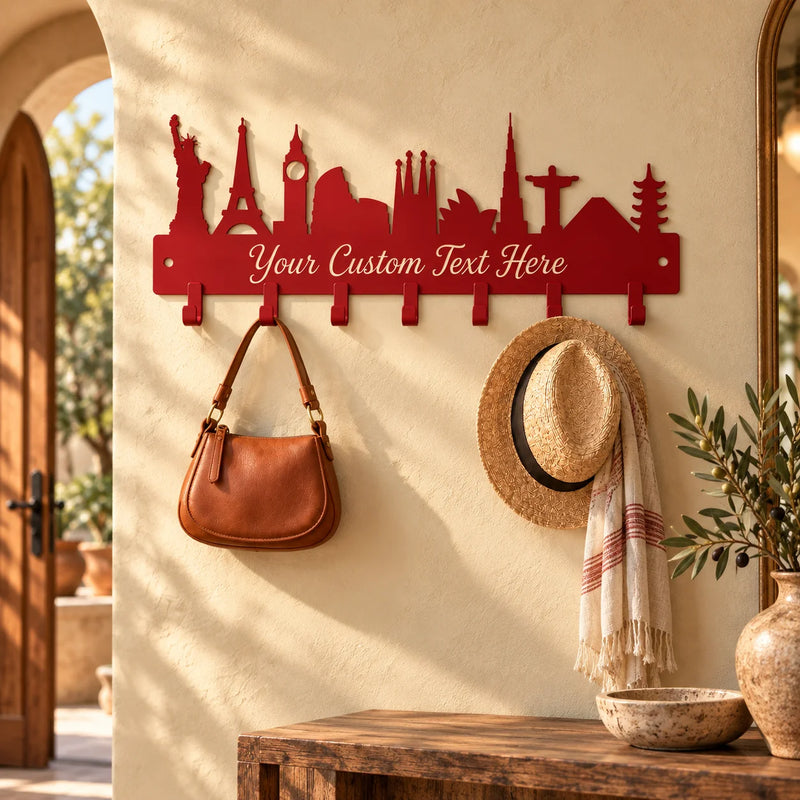 Custom skyline metal coat rack – Red on an arched sunlit wall