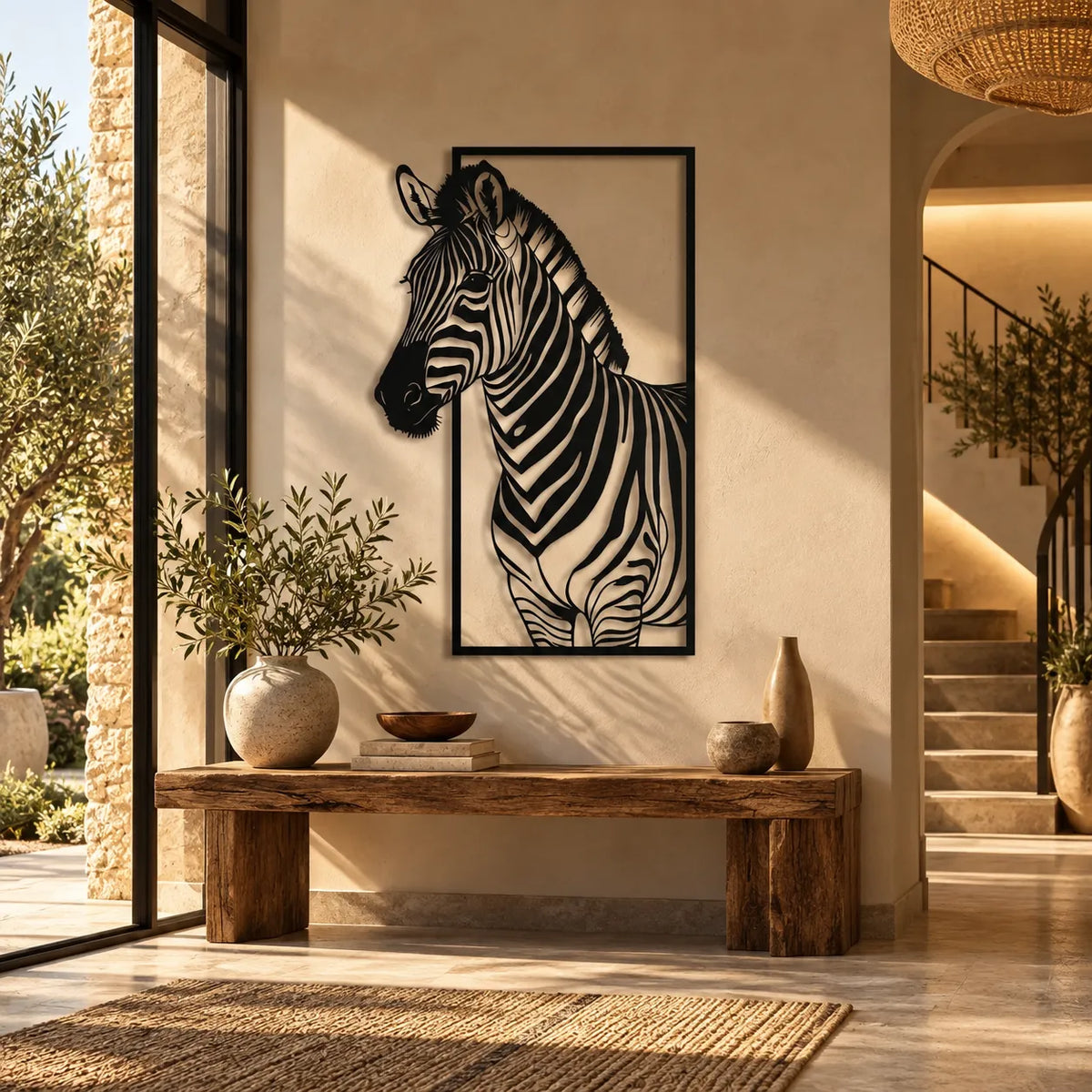 Zebra metal wall art – Black above a rustic entry console