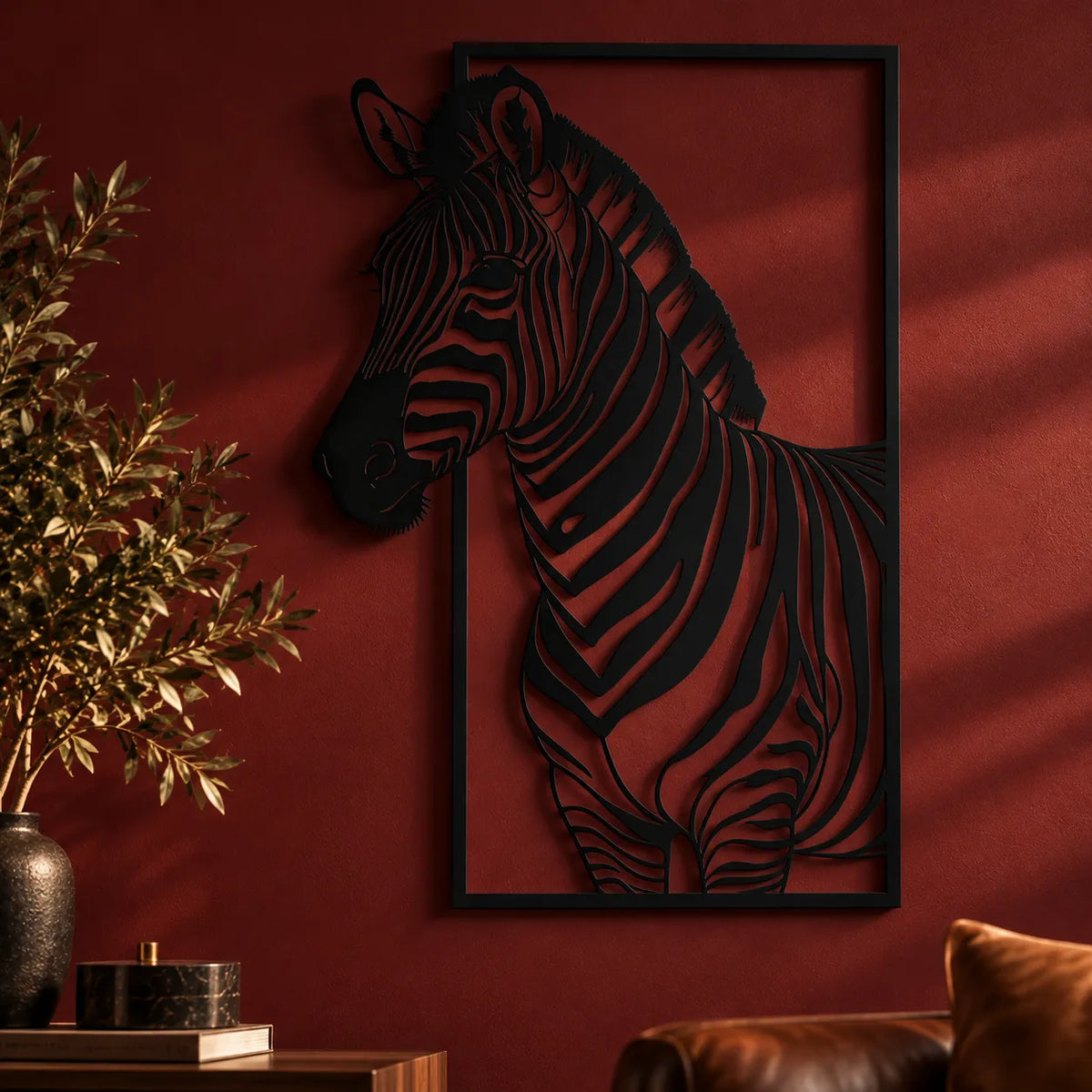 Zebra metal wall art – Black close-up on a deep red wall