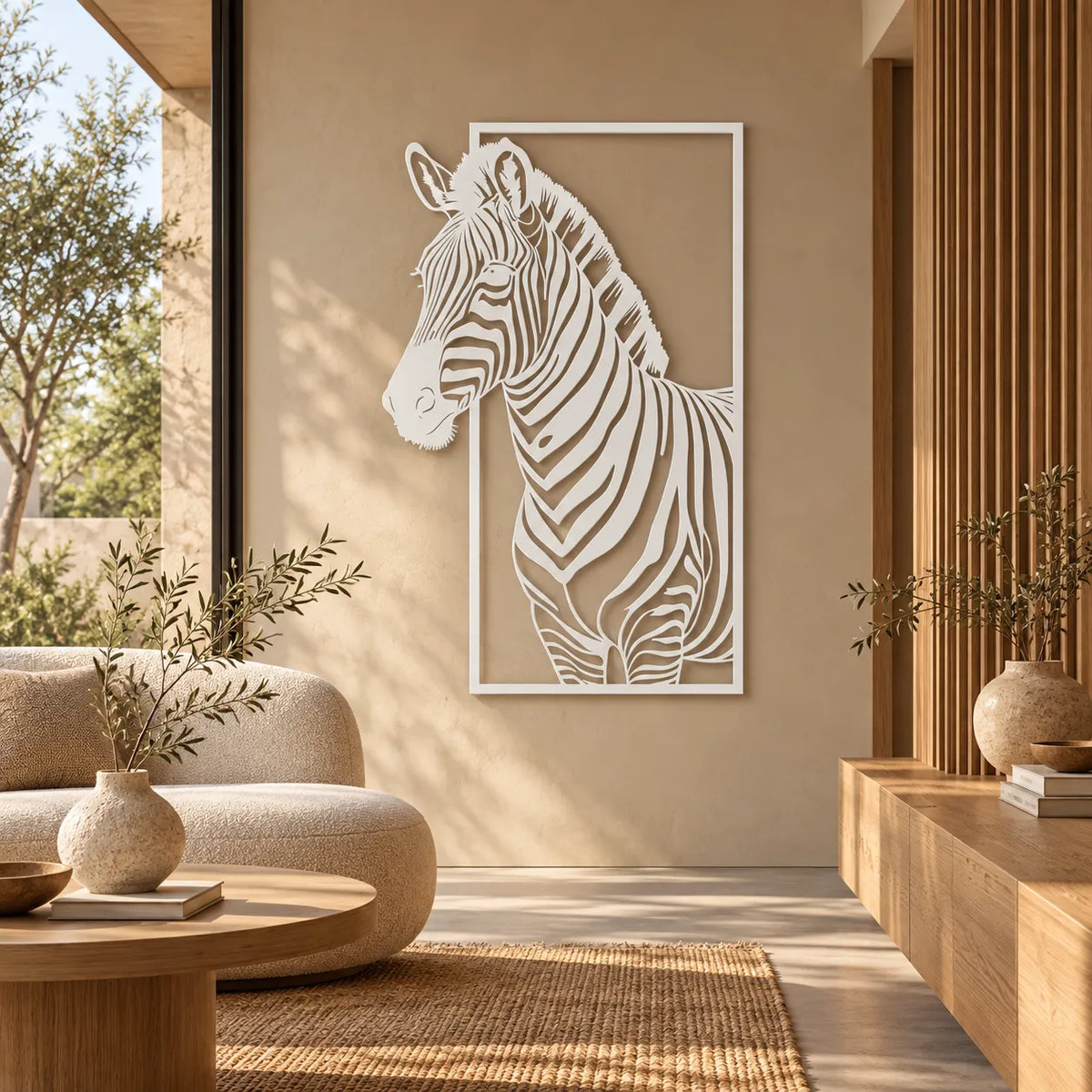 Zebra metal wall art – White in a bright natural living room