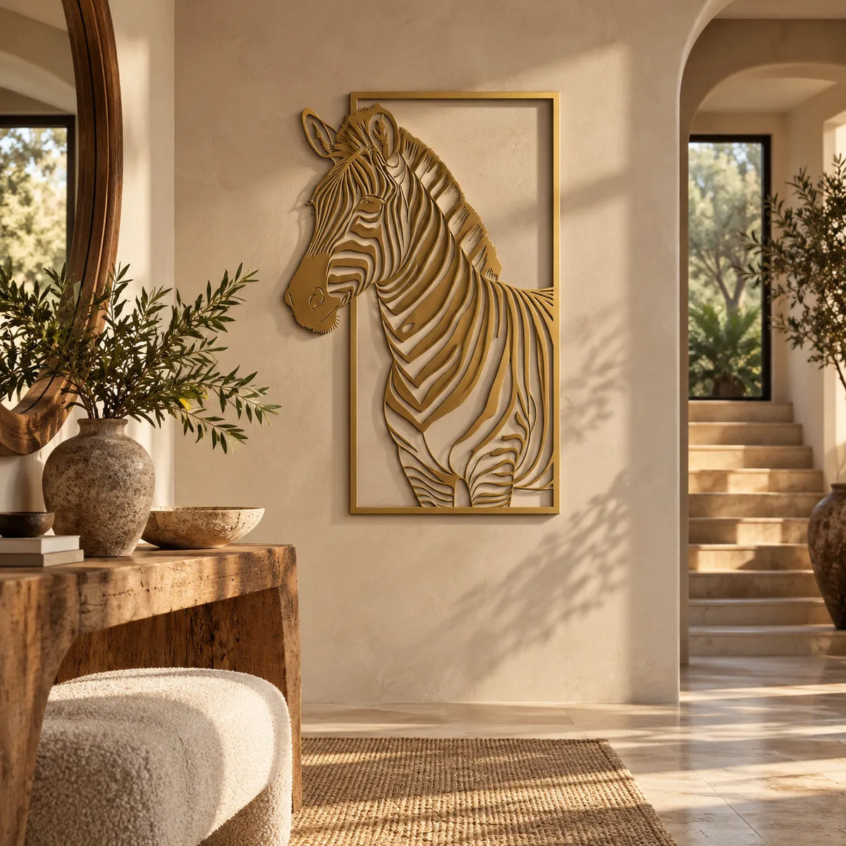 Zebra metal wall art – Gold in a Mediterranean entryway