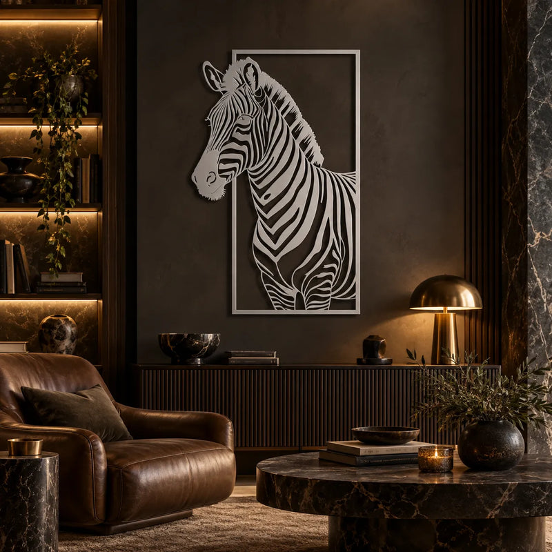 Zebra metal wall art – Silver in a dark luxury lounge