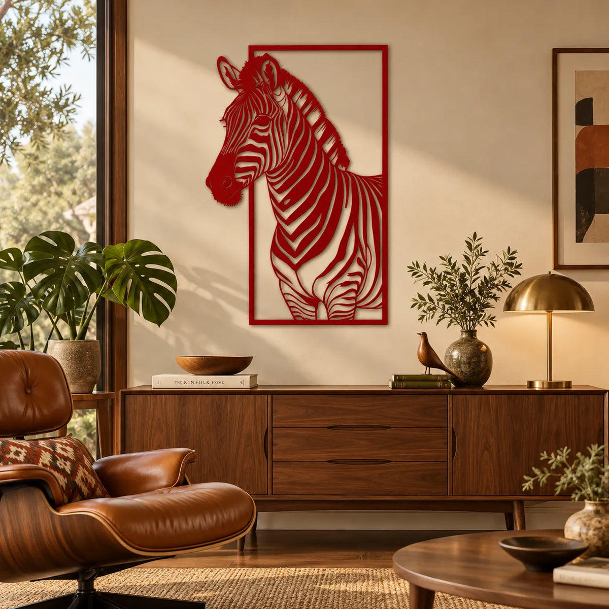 Zebra metal wall art – Red in a mid-century living room