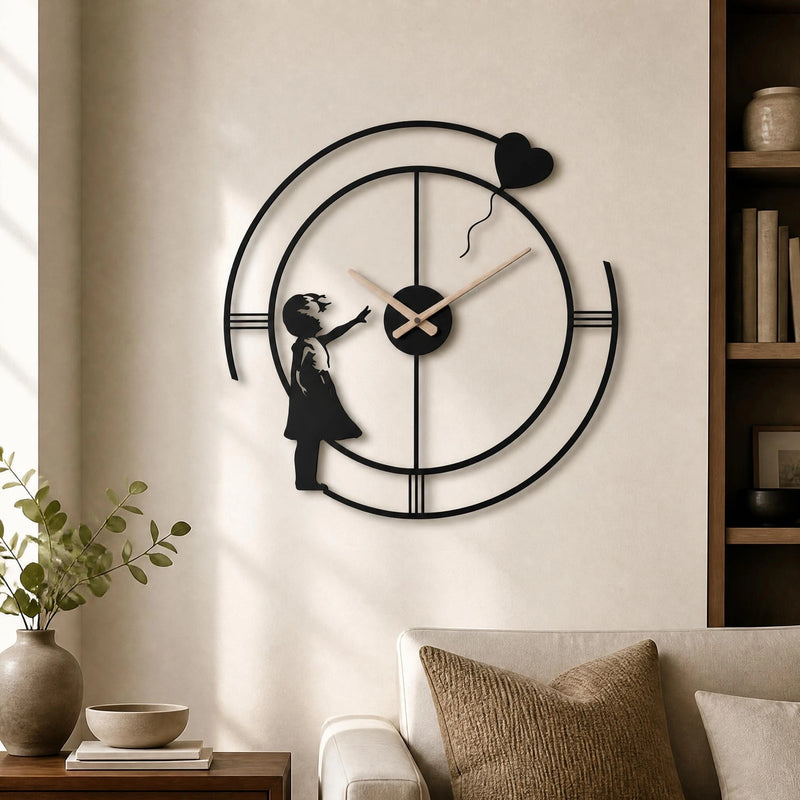 Banksy-style girl with balloon metal wall clock