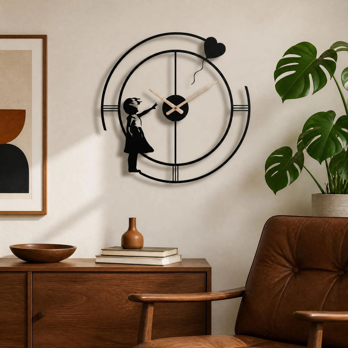 Banksy-style girl with balloon metal wall clock — view 2 of 6