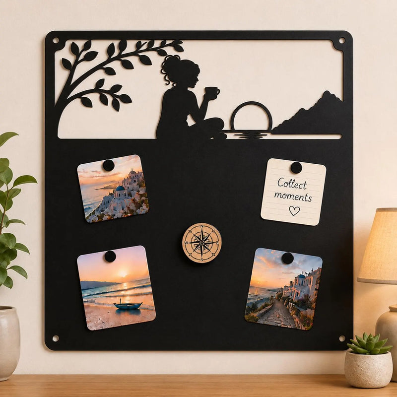 Metal travel magnet board with traveller silhouette