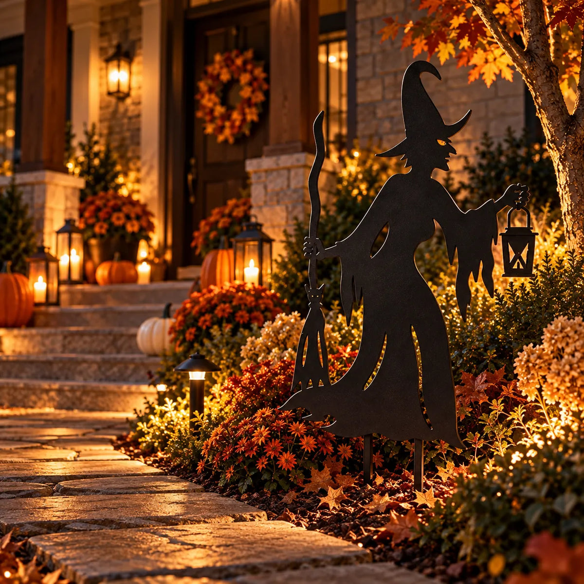 Witch metal garden stake – Black in an autumn garden with warm lights at dusk