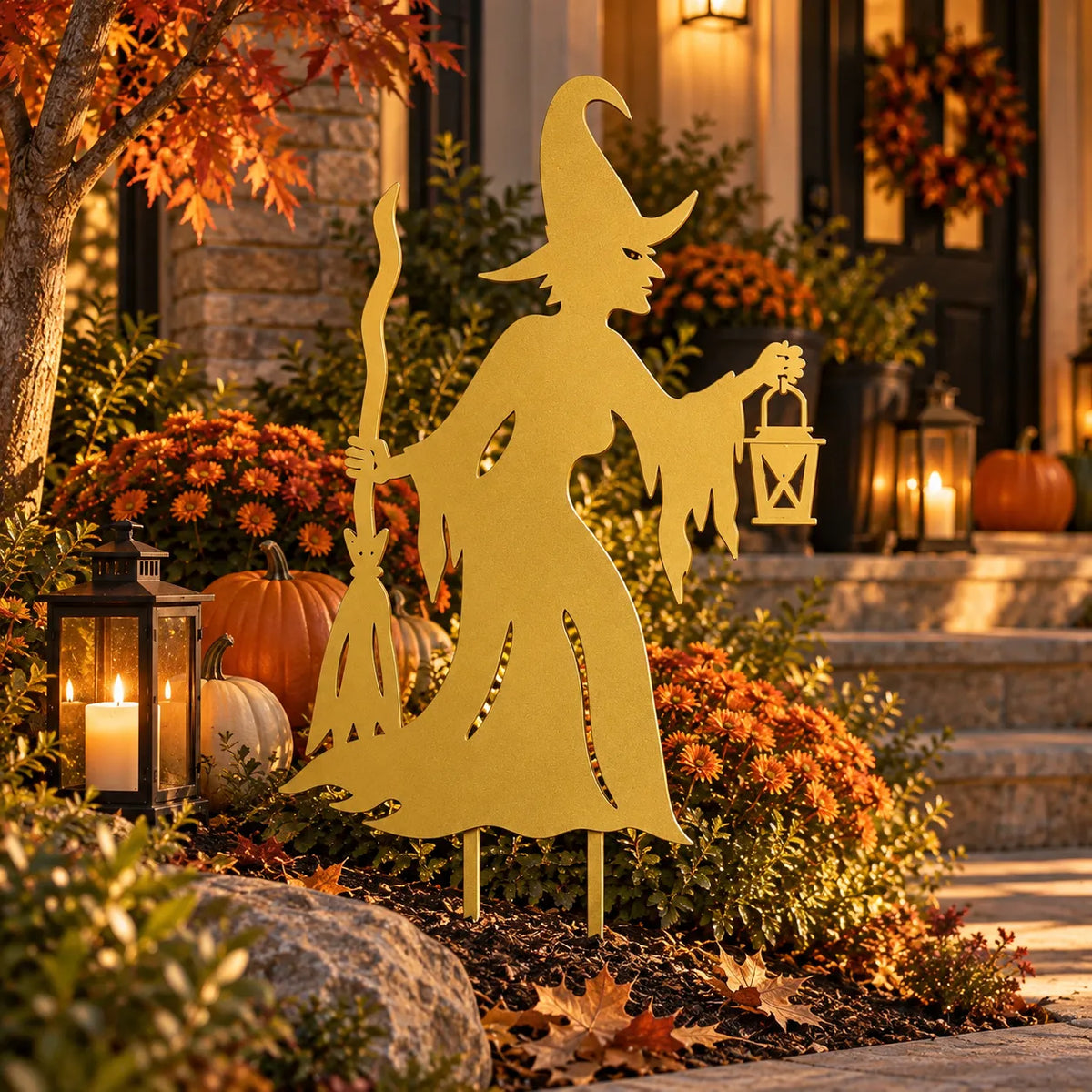 Witch metal garden stake – Gold in a front garden with pumpkins and lanterns