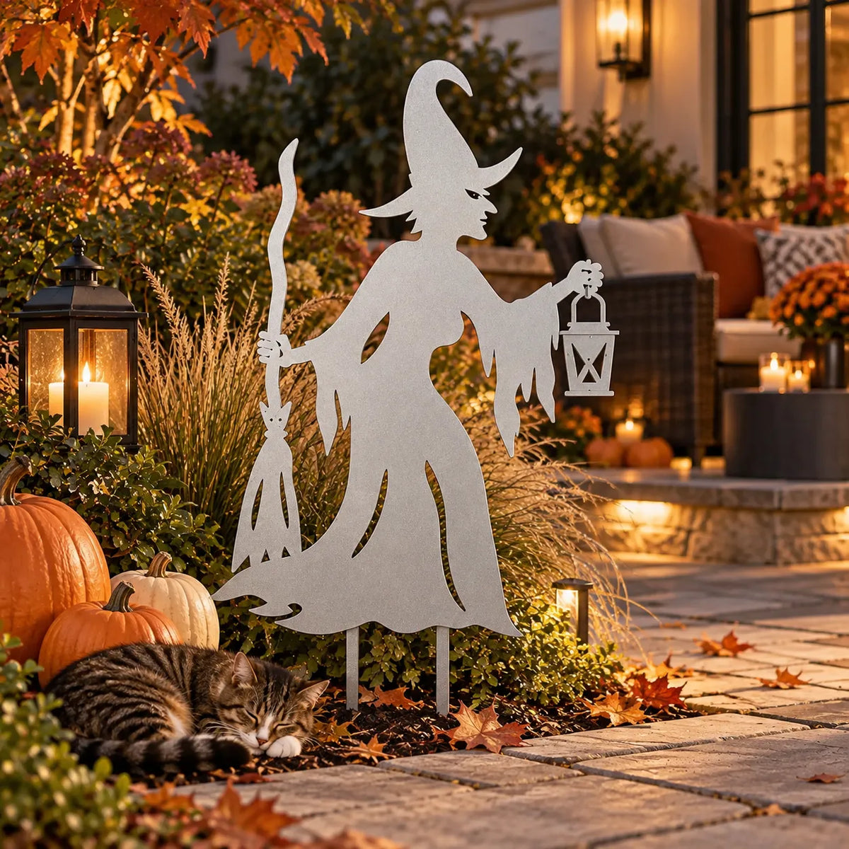 Witch metal garden stake – Silver in a garden with a sleeping cat
