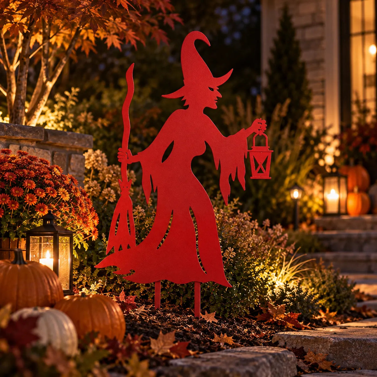 Witch metal garden stake – Red in a front garden with pumpkins