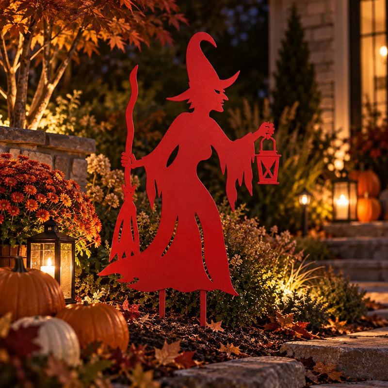 Witch metal garden stake – Red in a front garden with pumpkins